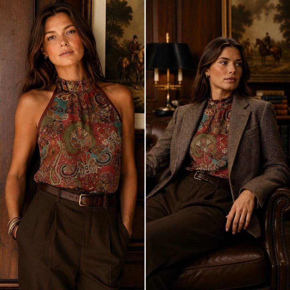 Lauren Ralph Lauren Silk Paisley Halter Top Size 8 Quiet Luxury Equestrian Y2k